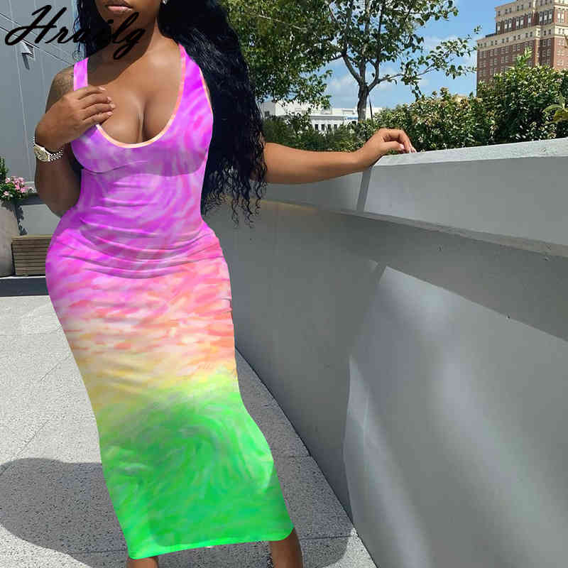Woman Clothing Sleeveless Tie Dye Print Summer Beach Holiday Plus Size Dress for Women Party Club Night Elegant Robe Femme 210513