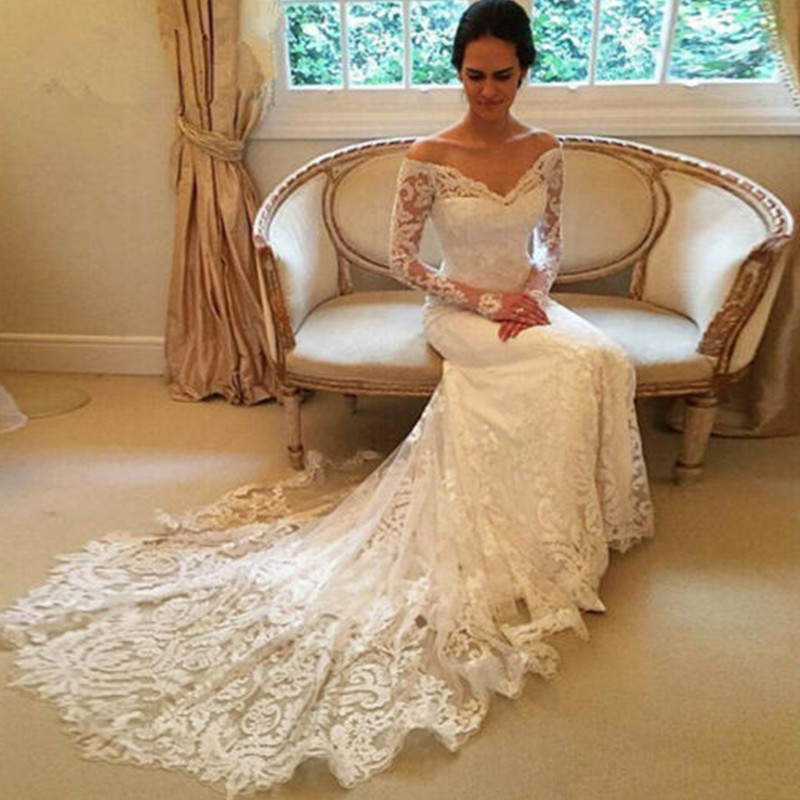 Lace Appliques Mermaid Wedding Dresses Off-Shoulder Long Sleeve Tulle Bride Gown
