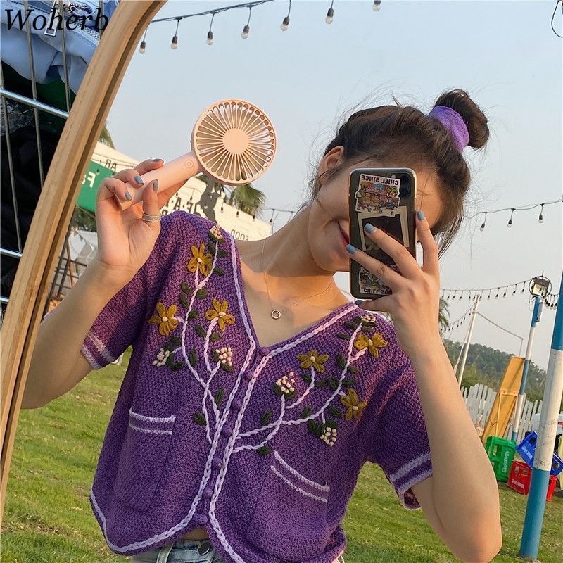 Floral Embroidered Knitted Cardigan Tops Women Summer Short Sleeve V-neck Crop Sweater Korean Fashion Ladies Jumpers 210519