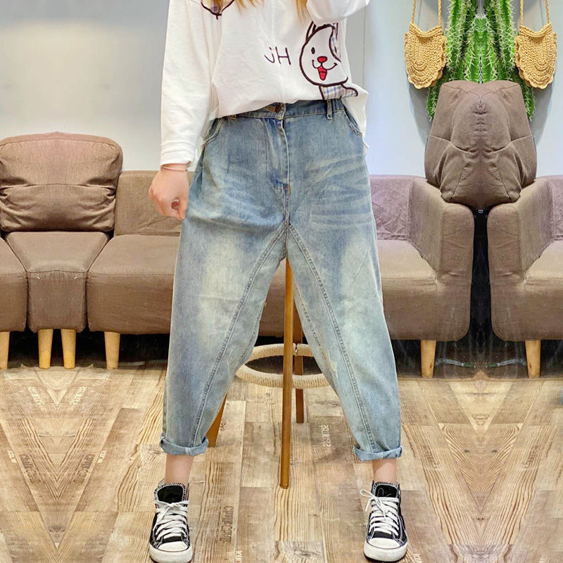 Spring Korea Fashion Elastic Waist Loose Embroidery Ladies Jeans All-matched Casual Cotton Denim Harem Pants Plus Size S633 210512