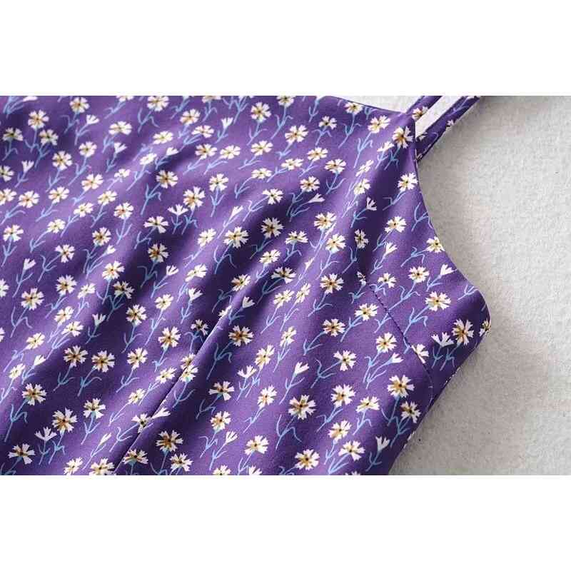 Sexy French Purple Floral Print Spaghetti Strap Women Mini Dress Square Collar Sling Holiday Dresses 210429