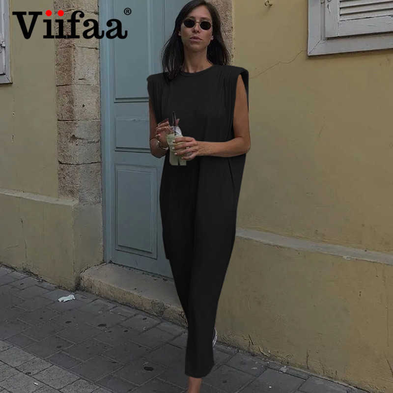 Viifaa Sleeveless Shoulder Pad Casual Black Elegant Long Dress Streetwear Women Loose Robe Split Back Summer Midi Dresses 210630