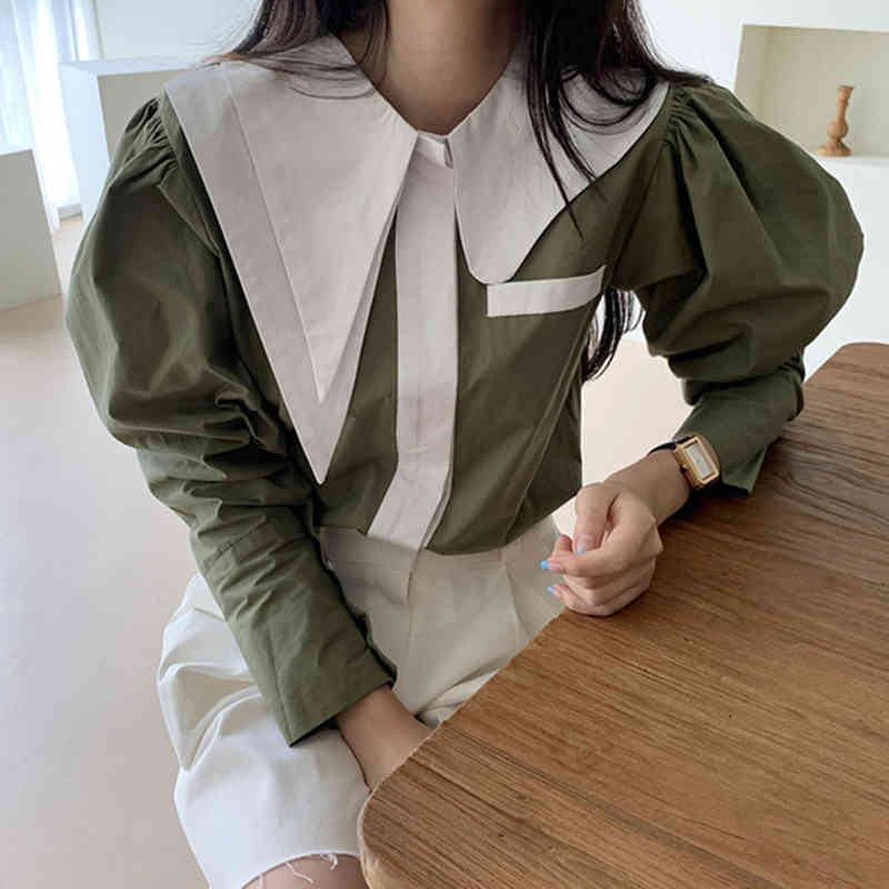 Women Spring Autumn Blouses Asymmetrical Turn-down Collar Tops Female Contrast Color Korean Chic Office Lady Casual Shirt 210519