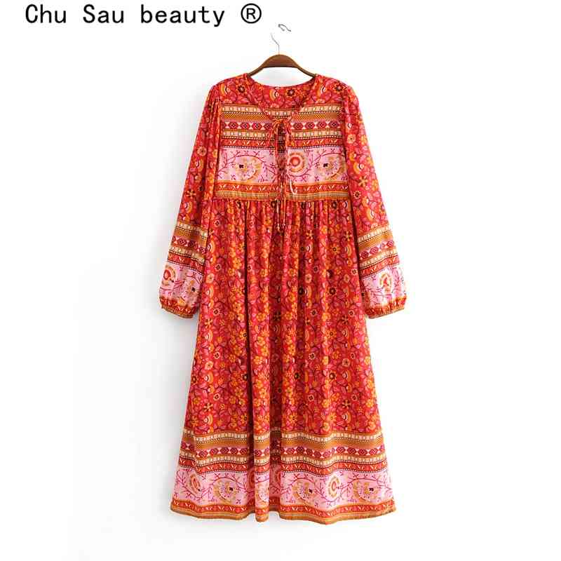 beauty Fashion Boho Floral Print Maxi Dress Women Holiday Chic Bow Tie O-neck Long Dresses Female Loose Beach Wear 210514