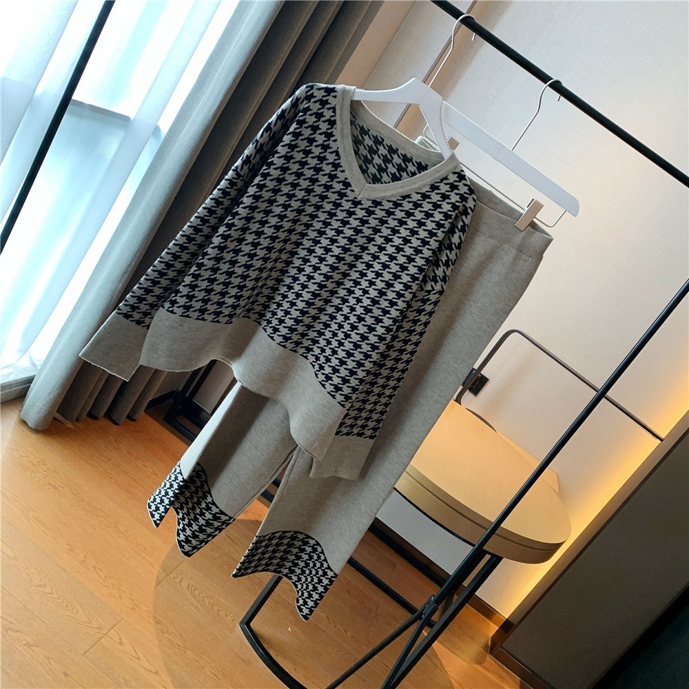 Autumn Winter Vintage Women Outfits Knit Houndstooth Pullover Sweaters + Wide leg pants Sets Woman Casual Fashion 2 Pieces Set 210519