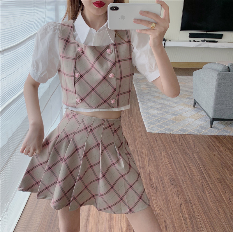 Summer 3 Piece Set Women Sweet White Puff Sleeve Short Shirt + Plaid Double Breasted Vest + High Waist Pleated Mini Skirts 210518, 2 piece set
Summer 3 Piece Set Women Sweet White Puff Sleeve Short Shirt + Plaid Double Breasted Vest + High Waist Pleated Mini Skirts 210518, 2 piece set