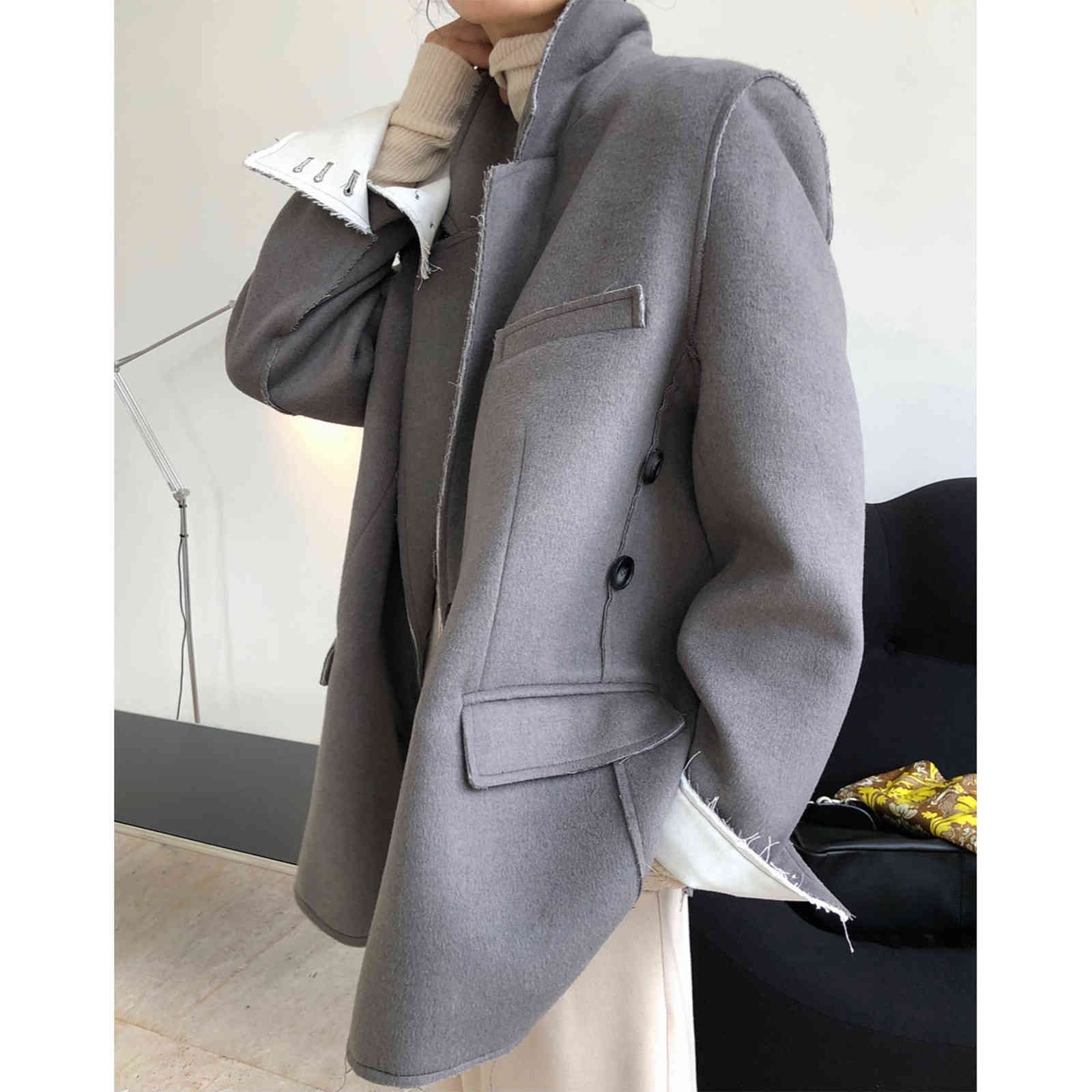 Winter Thickened Woolen Blended Suit Lapel Wide Shoulder Leisure Plus Size Loose Women Black Oversized Blazers And Jackets 211122