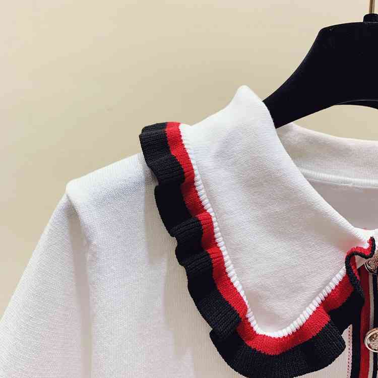 Summer Retro Peter pan collar Hit Color Short Sleeve Knitted pullover Casual T-shirts For Women Tees 210519