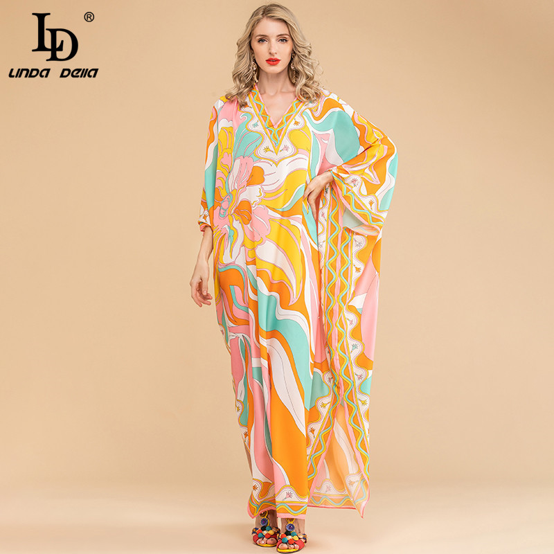 Summer Fashion Bohemian Loose Maxi Dress Women V neck Batwing Sleeve Printed Chiffon Long Dresses 5XL Plus Size 210522