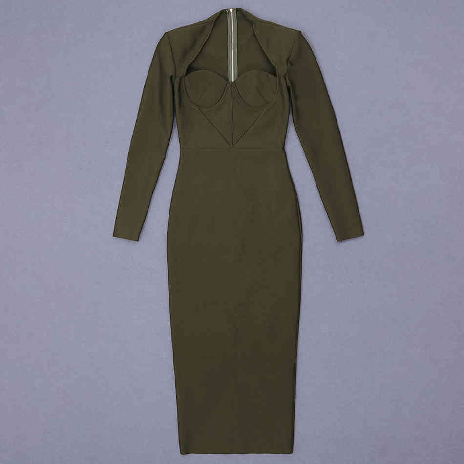 Free Autumn Women's Elegant Bandage Dress Sexy V-neck Long Sleeve Bodycon Midi Club Evening Party 210524