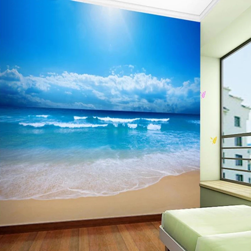 Custom Mural Walls 3D Blue Sky Ocean Beach Printed Wallpaper Living Room Bedroom Wall Paper Waterproof