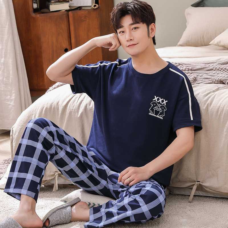 Plus Size Cotton Casual Plaid Short Sleeve Long Pants Pajama Set for Men korean Sleepwear Suit Pyjama Male Homewear Home Clothes 210812