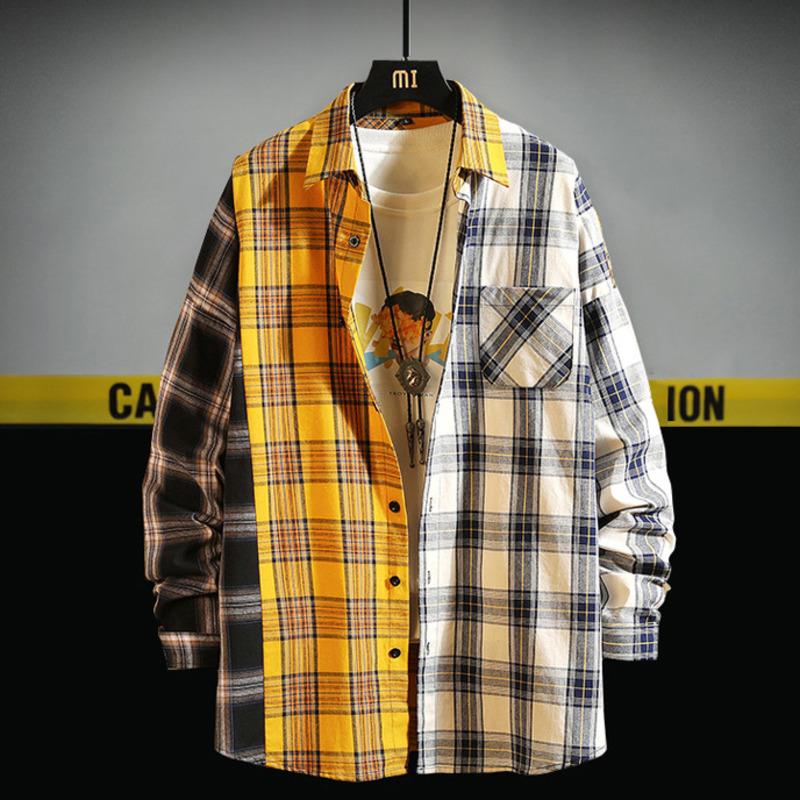 Men Oversized Cotton Plaid Shirt 2021 Man Hip Hop Patchwork Button Up Long Sleeve Couple Korean Harajuku Clothing Men's Casual Shirts