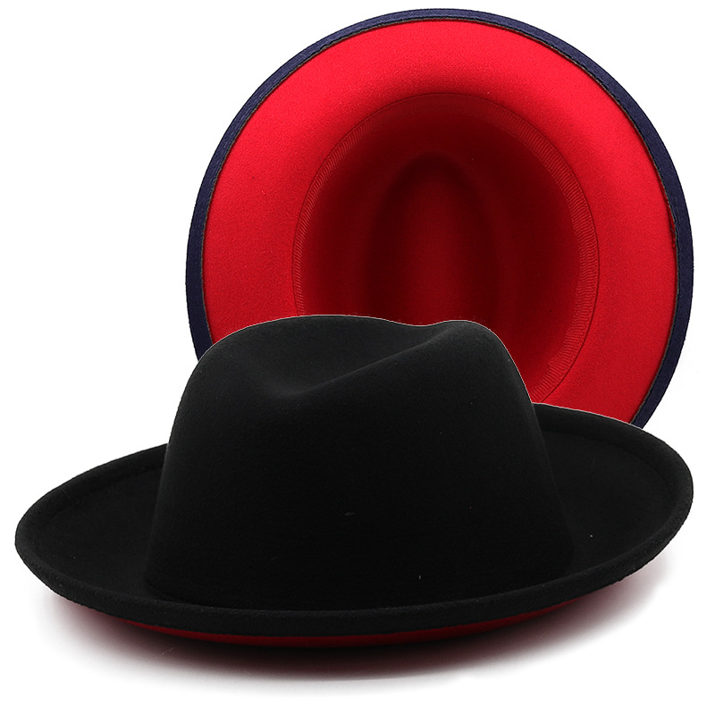 New Autumn Winter Women Men White and Red Patchwork Wool Felt Fedora Hats Roll Brim Party Wedding Formal Hat Vintage Cap