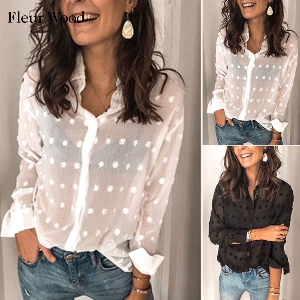FLEUR WOOD Long Sleeve Blouses V-neck Tops Dot Sexy Blouse Ladies Shirt Women Clothes 2021 210317