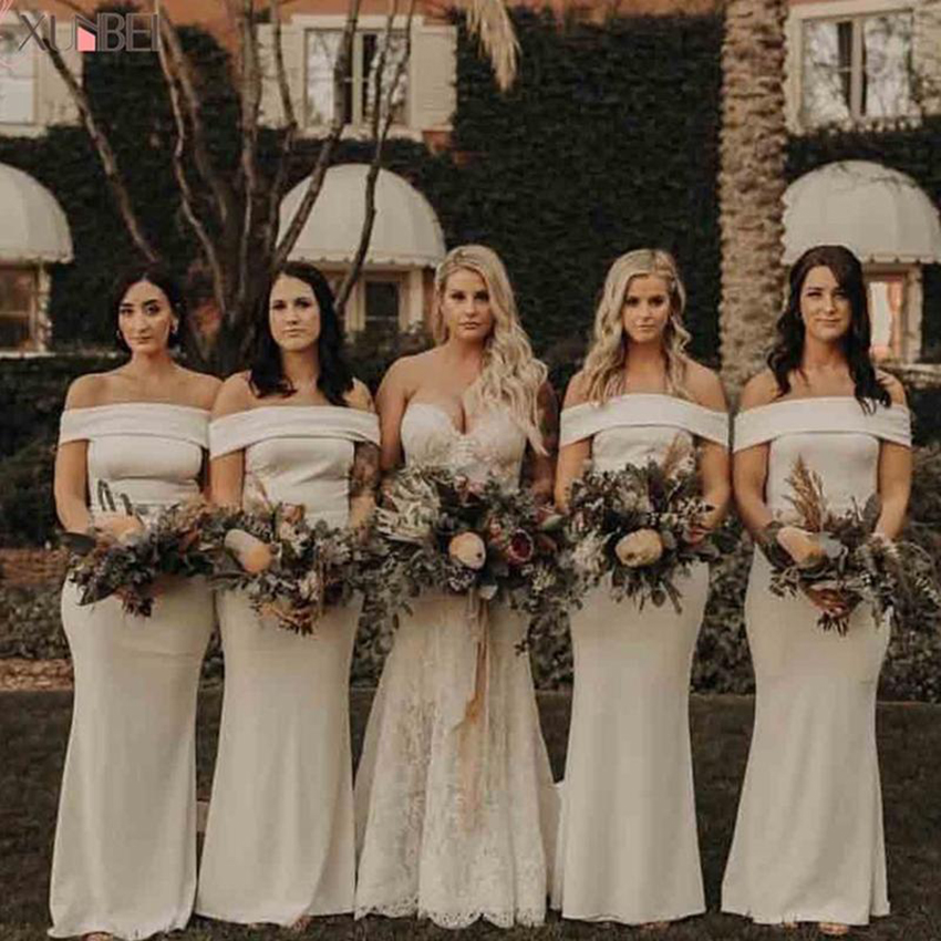 2021 Bridesmaid Dress Off-Shoulder Mermaid Ball Gown Bateau Dresses Sleeveless Evening Elastic Satin Prom Party Custom