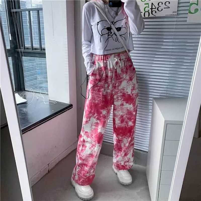 Casual Pants women Korean version retro tie-dye straight casual trousers loose bf high waist wide leg pants trend 210526
