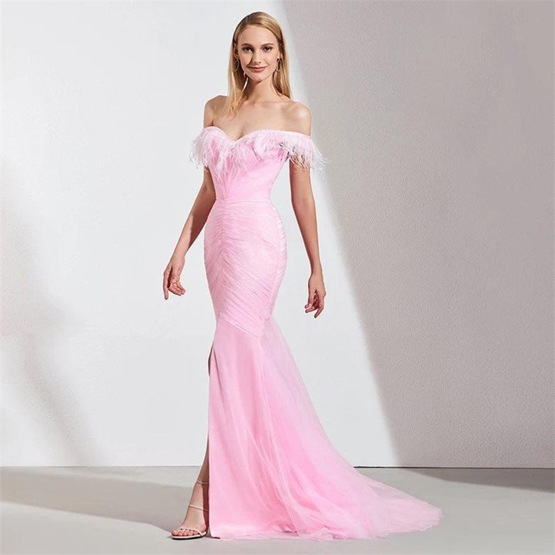 Elegant Feather Prom Dresses Ruffles Mermaid Evening Dress Off Shoulder Sexy Side Split Formal Party Wear Custom Made Robe de mariée