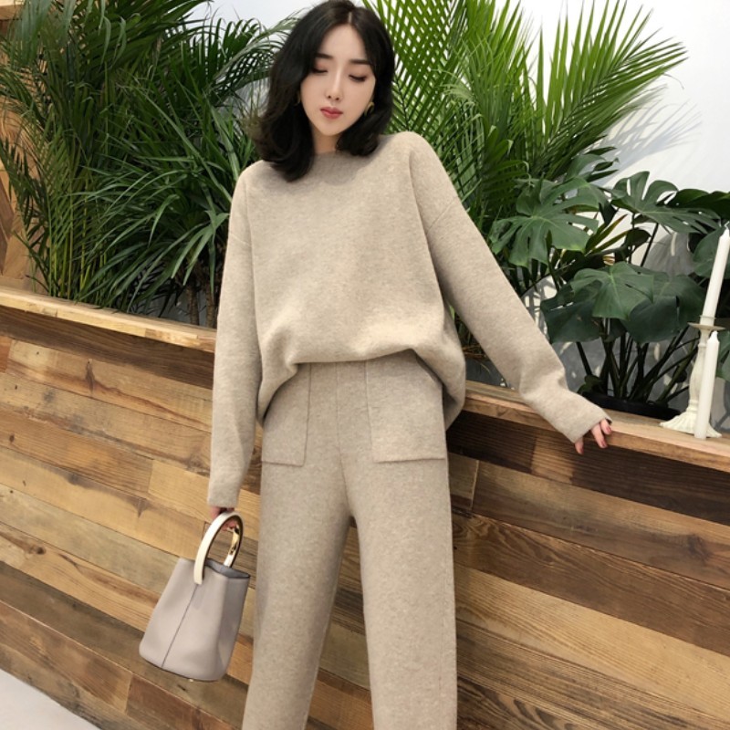 Knitted 2 pieces Set Tracksuits Women Autumn Winter Thick Warm O-neck Loose Sweater+Ankle-Length Pants Cashmere Suit 210519