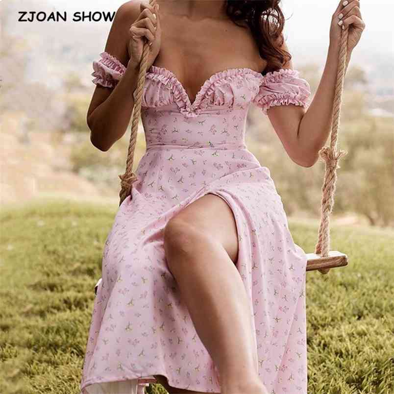 Sexy Split Floral Print Off Shoulder Dress Retro Women Wood ears Bra Collar Hem Slit Swing Long Dresses Holiday Vestidos 210429