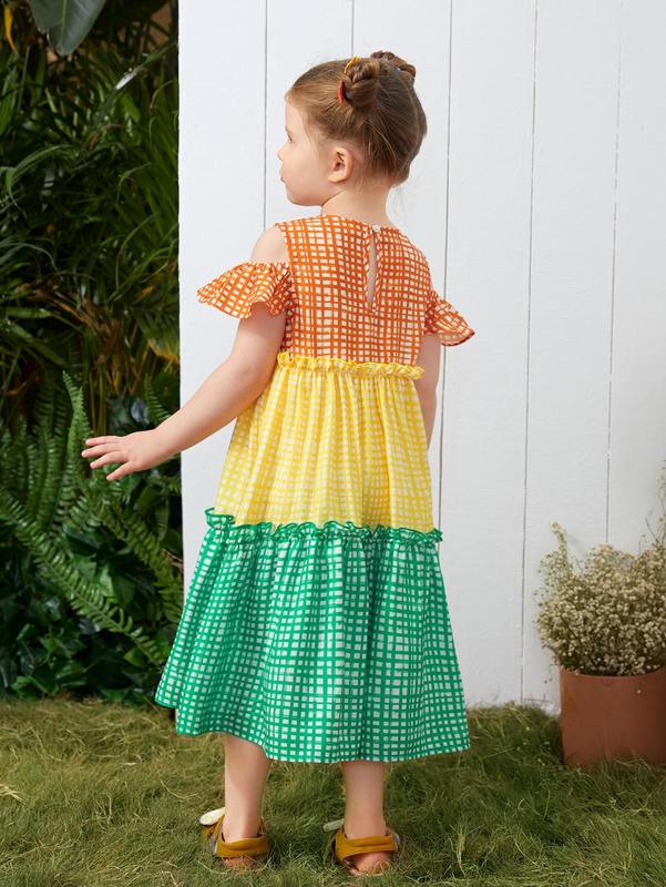 Toddler Girls Plaid Colorblock Cold Shoulder Ruffle Hem Smock Dress SHE