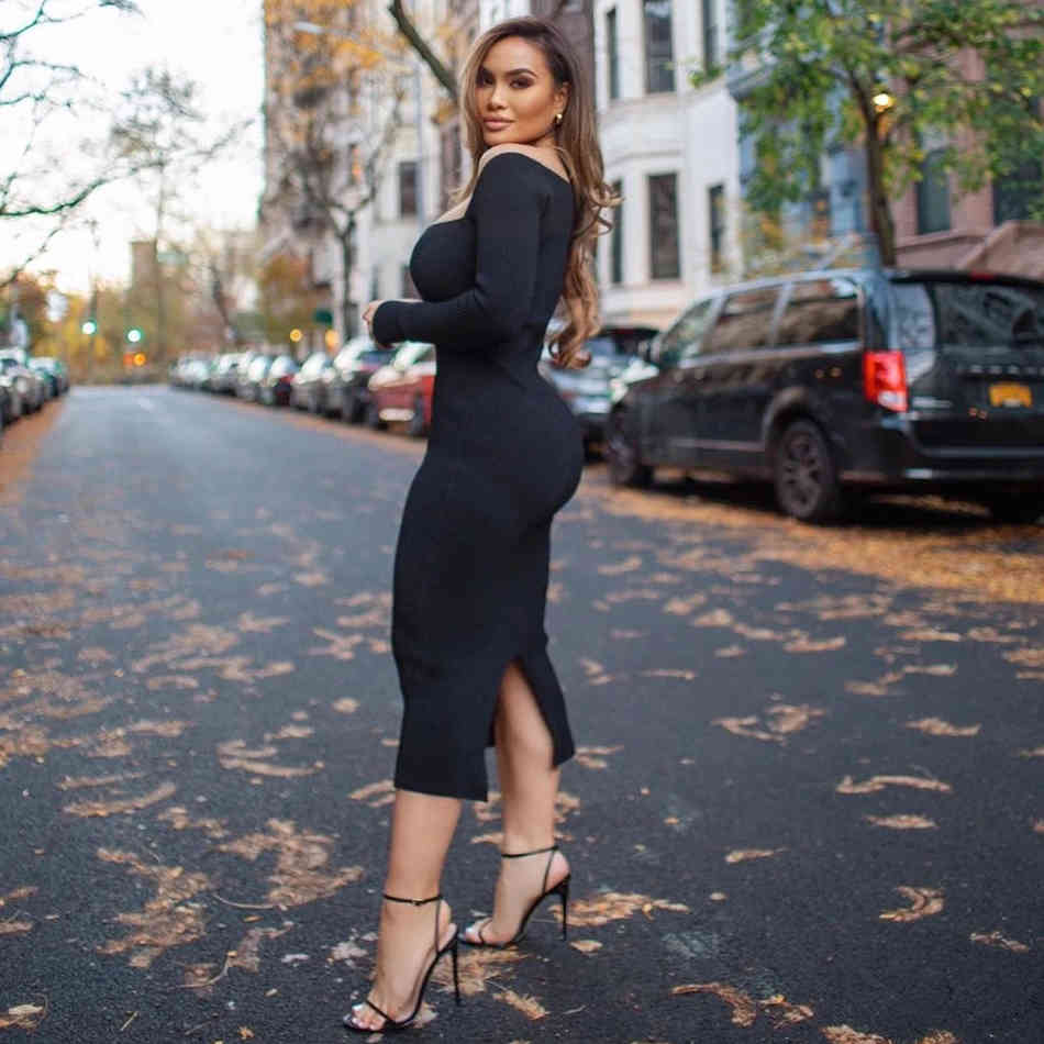 Free Women Knitted Dress Elegant Square Neck Long Sleeve Bodycon Midi Club Celebrity Runway Party 210524