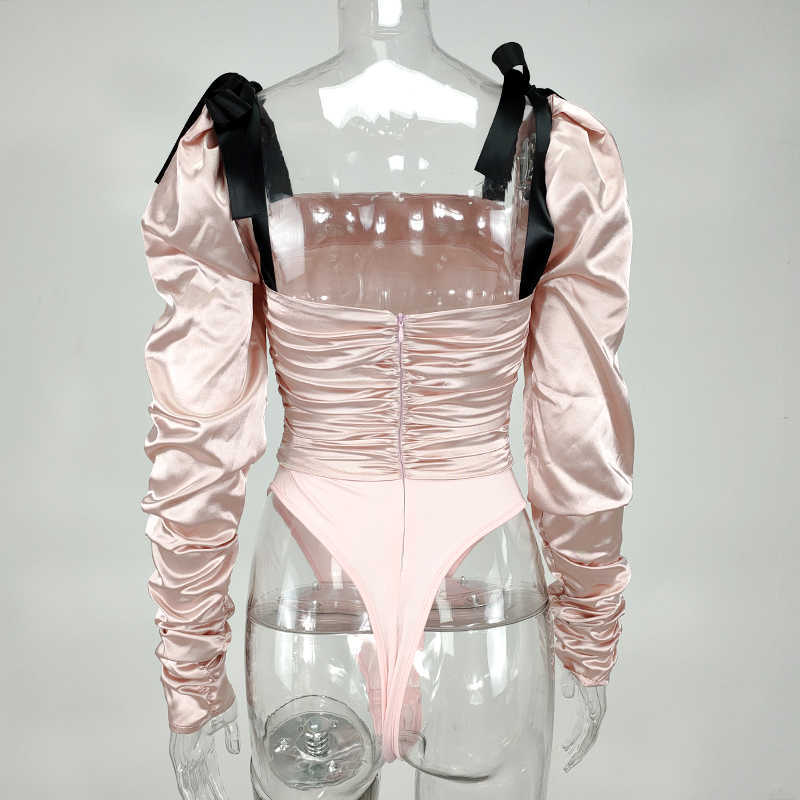 Colysmo Pink Bodysuit Women Long Sleeve Vintage Square Collar Bow Casual Tops Summer Satin Can Off Shoulder Sexy 210527
