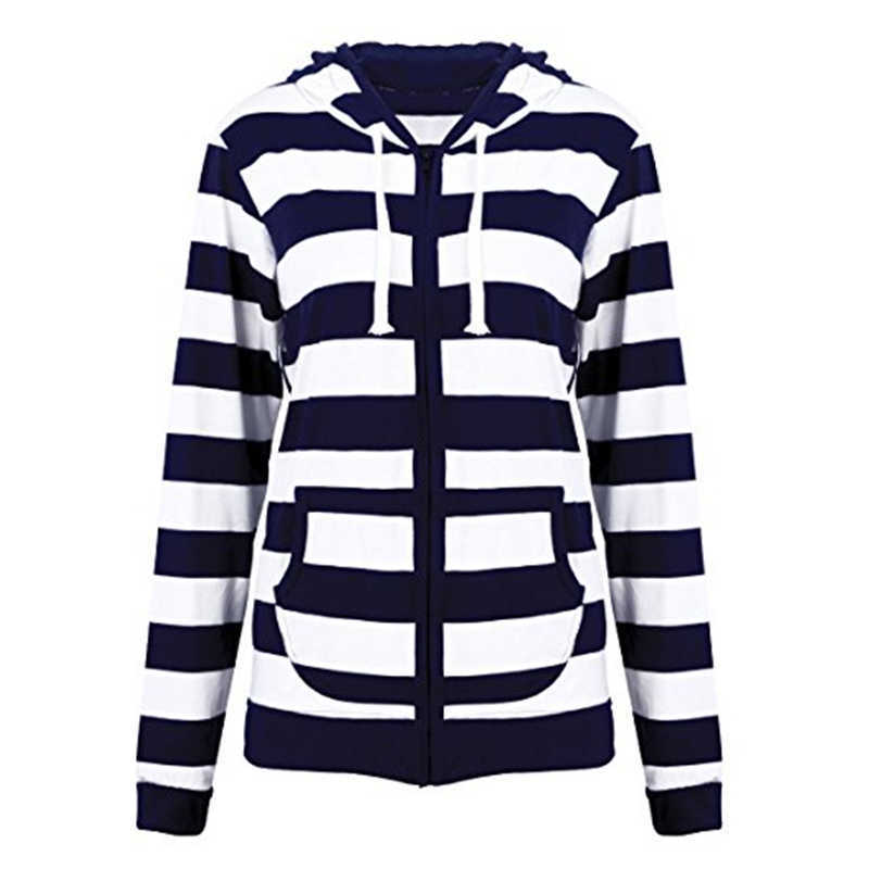 Autumn Women Striped Hoodies Sweatshirt Long Sleeve Hooded Zipper Pockets Jackets Casual Plus Size Tracksuit Female Clothes 210927