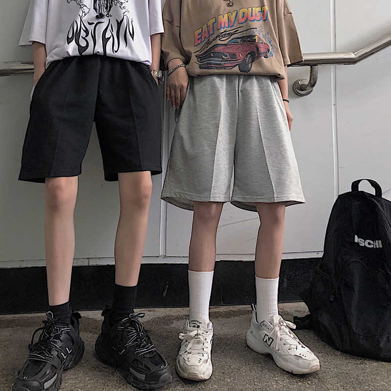 Women Five Pointed Shorts Solid Black Grey Wide short Pants Unisex Students Casual Oversized Streetwear Hip Hop Punk Style 210714