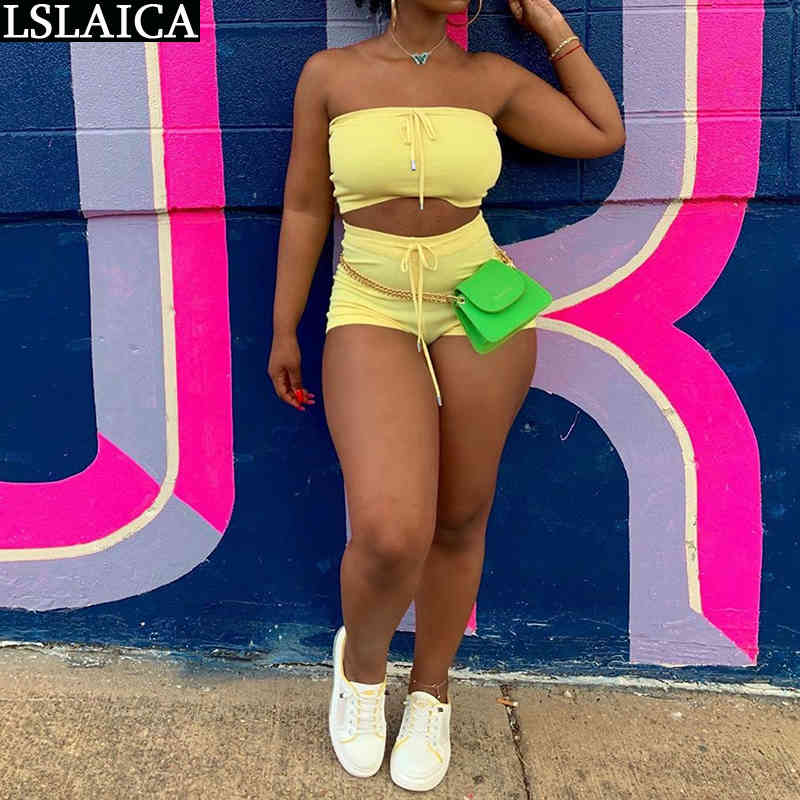 Tube Top Two Piece Set Summer Strappy Sleeveless Clothes For Women Casual Solid Shorts Tracksuit Pantalones Cortos De Mujer 210520