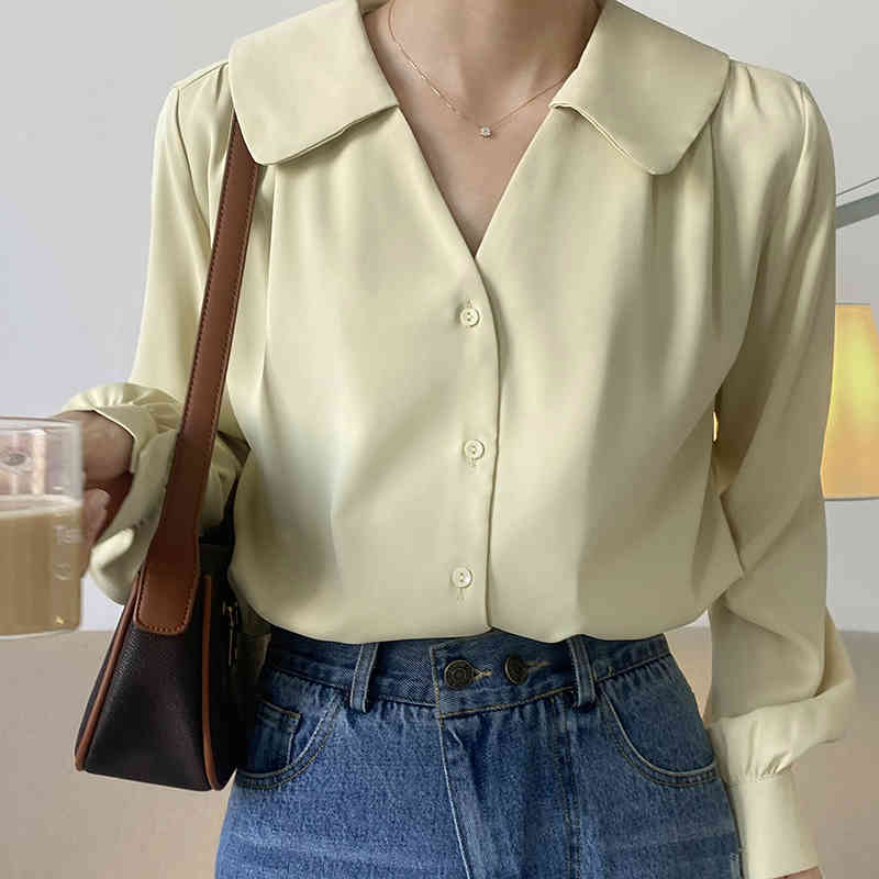 Temperament Peter Pan Collor Blouse Women's Spring Large Size Single Breasted Long Sleeve Simple Shirt 5C131 210427