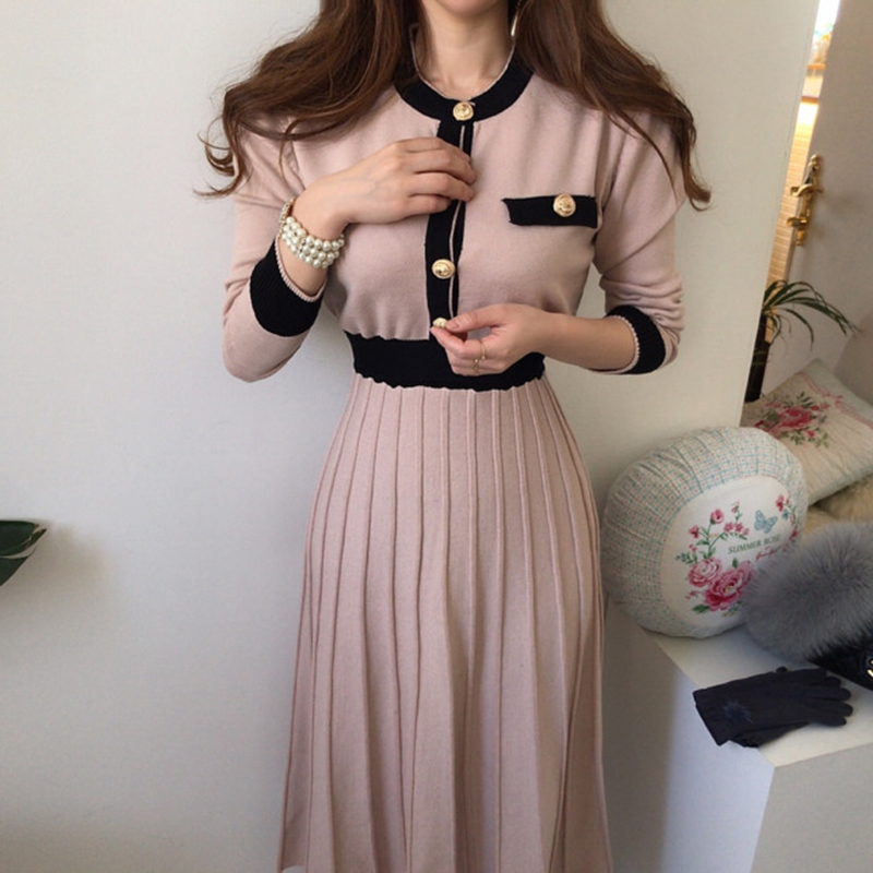 Women Elegant Winter Office Casual Midi Pink Knitted Sweater Dress Korea Chic Single Breasted Pleated Vestidos 210520