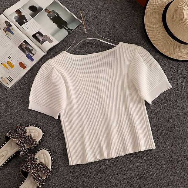 DEAT Women White Round Neck Puff Sleeve Top Split Long Pants Two Piece Set Fashion Temperament Spring Summer 11D778 210709