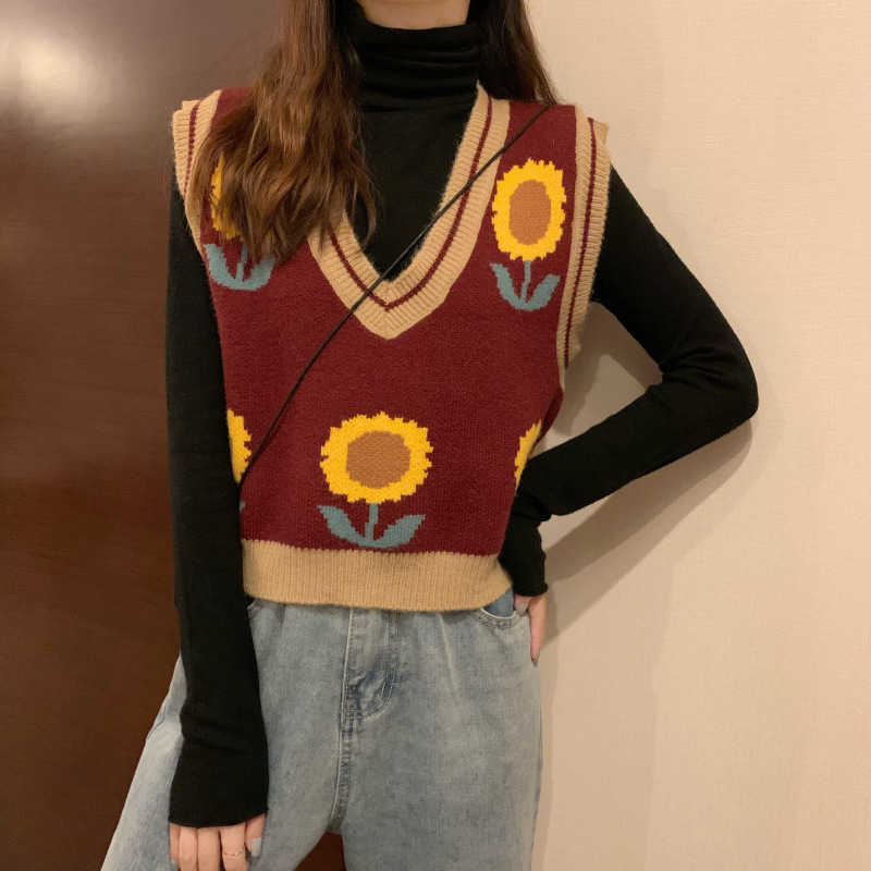 Veste Sans Manche Femme Autumn Korean Style Loose Sunflower Print Pullover Vests for Women Casual Short Knitted Vest Mujer 210604