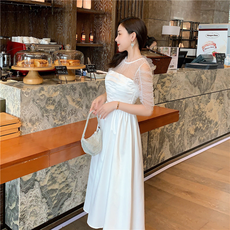 Runway Summer Dress Woman Milk White High Waist Mesh Patchwork Pile up Sleeve Elegant Party es Female 210506