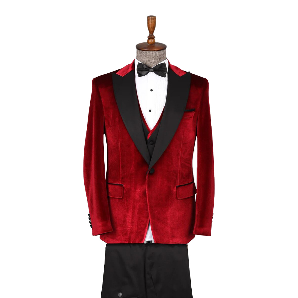 2025 Newest One Button Groom Tuxedos Red Shawl Lapel Slim Fit Mens Wedding Suits Formal Party Prom Suit Custom Made (Jacket+Vest+Pants)