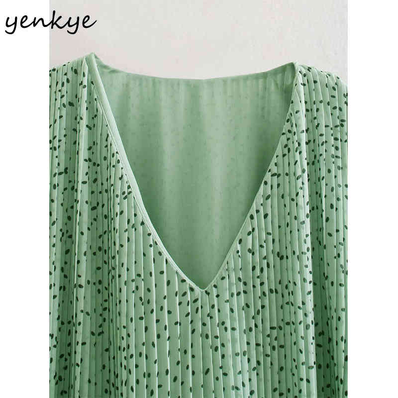YENKYE Spring Women Vintage Print Pleated Chiffon Dress Female V Neck Long Sleeve Free Belt Dress Casual Midi Vestido Plus Size 210515