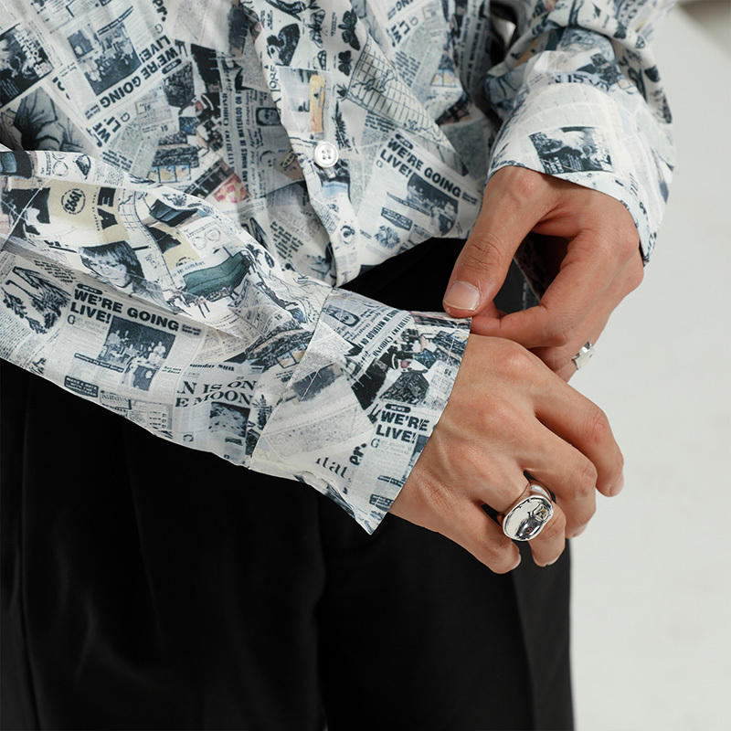 IEFB Men's Clothing Spring Korean Long Sleeve Shirt spaper Printed Square Collar Top Single Breasted Blouse 9Y5397 210524