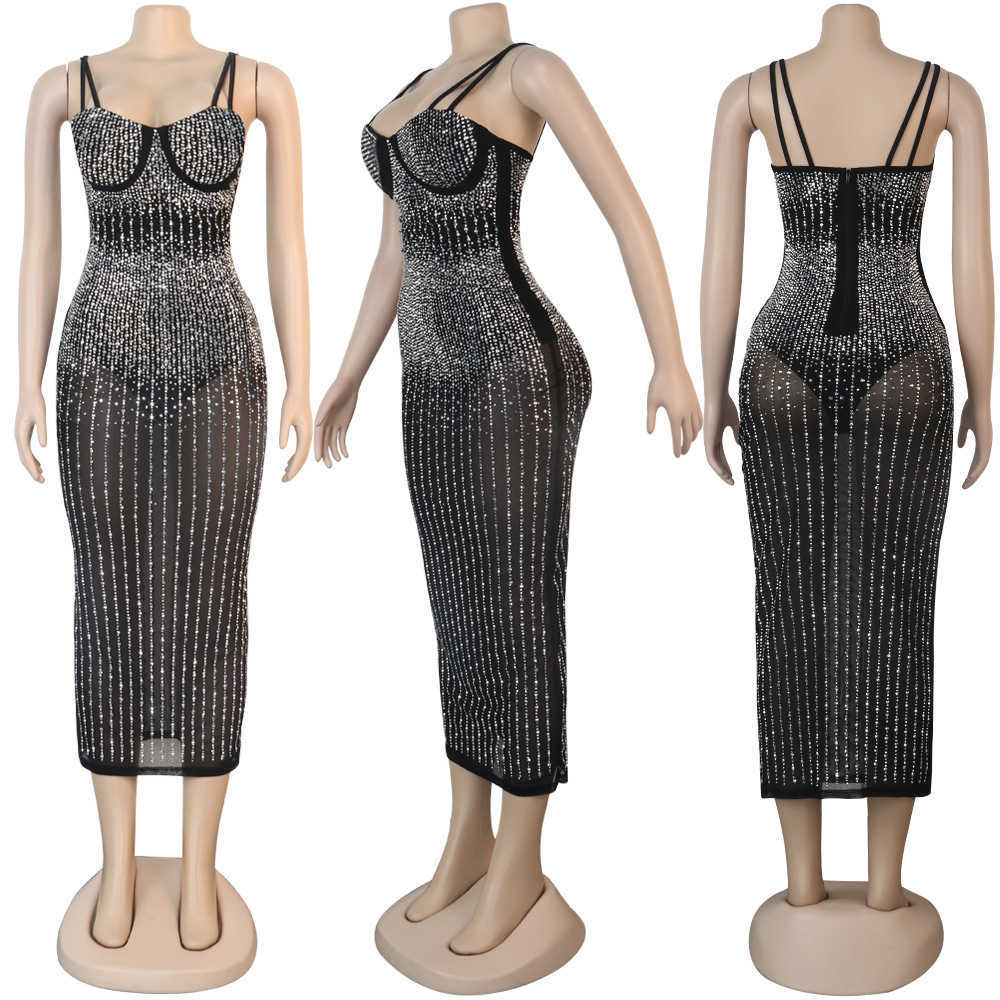Women Spaghetti Strap Mesh Dress Diamond Embellished Party Midi Dresses 210702