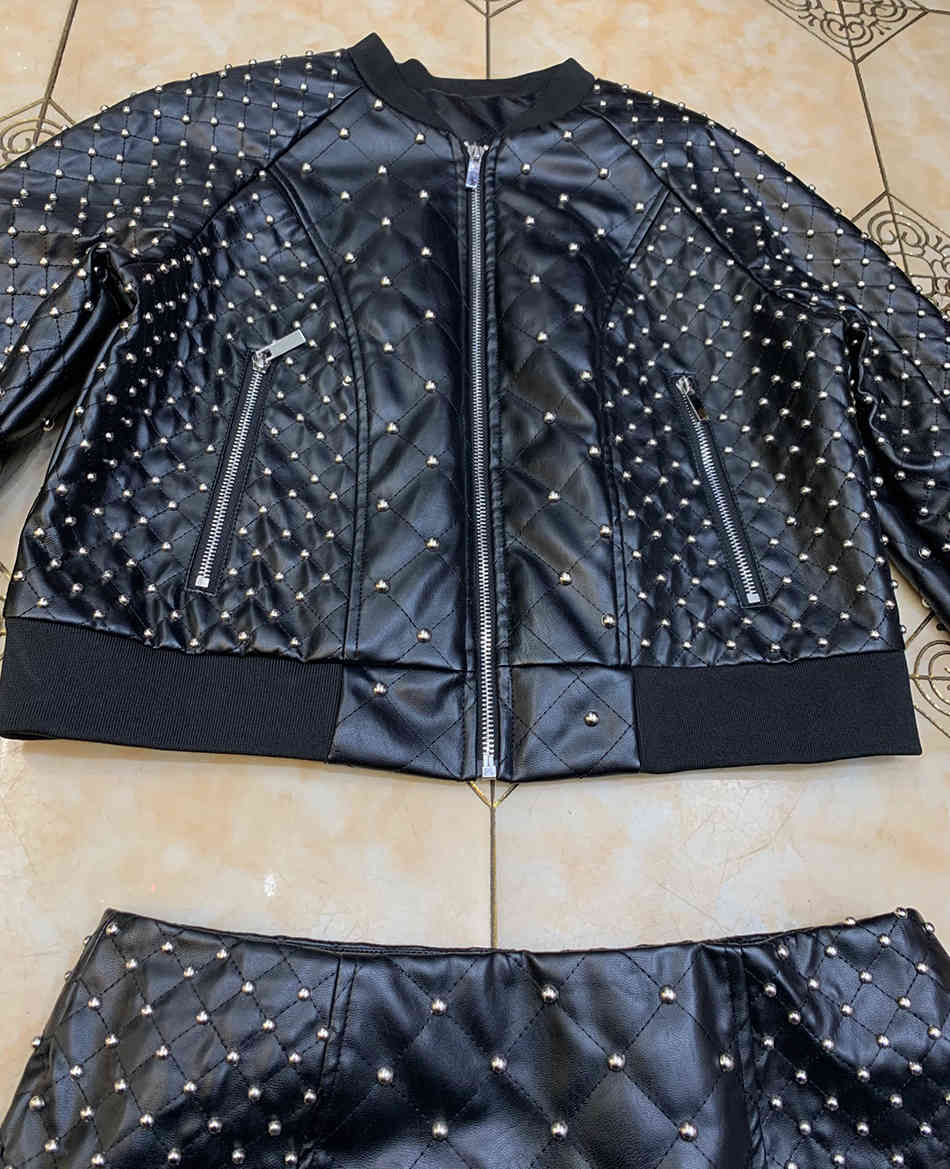 Free Fashion Rivet Leather Set Casual Long Sleeve Zip Short Jacket & Mini Skirt Women's Sexy Two-piece 210524