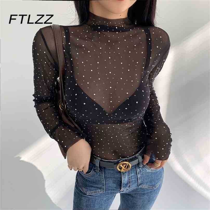 Sexy Mesh T Shirt Women Long Sleeve Diamond Black Tops Woman Spring Summer Turtleneck Lace Shirts 210525
Sexy Mesh T Shirt Women Long Sleeve Diamond Black Tops Woman Spring Summer Turtleneck Lace Shirts 210525