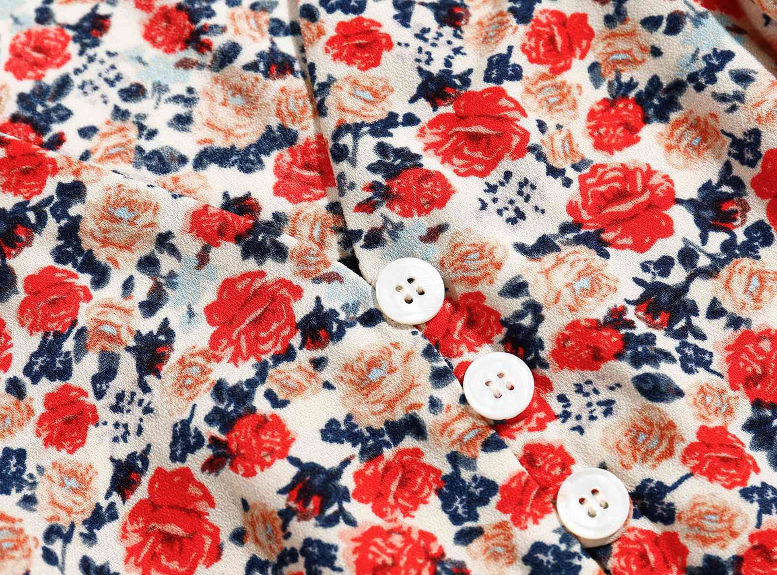 France Retro Pleated Puff Sleeve Red Rose Floral Print Shirt Elegant Single-breasted buttons Slim Waist Women Blouse 210429