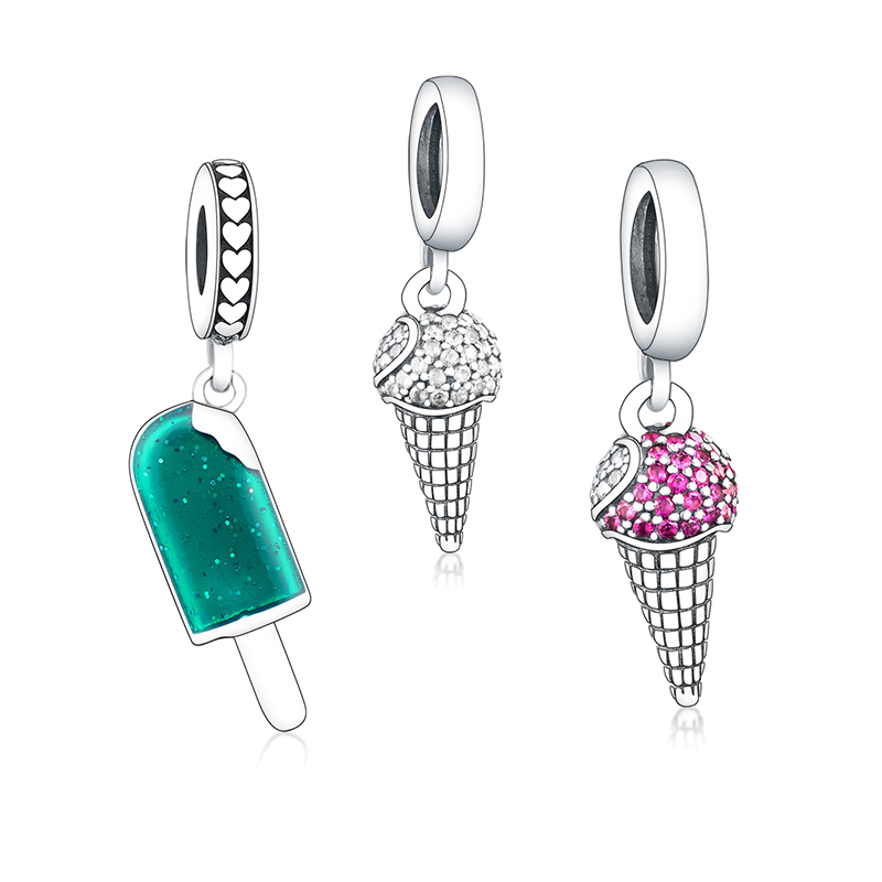 Fit Original Pan Charm Bracelet 925 Sterling Silver Summer Green Enamel Ice Cream Zircon Crystal Bead Pendant Women For Making Berloque DIY