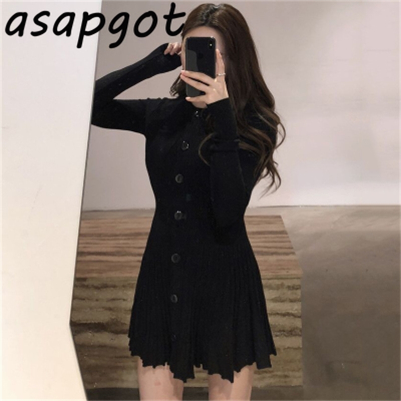 Round Neck Single Breasted Slim Pleated High Waist Temperament Knitted Dress Women Mini Korean Chic Autumn Sweater Vestidos 210429