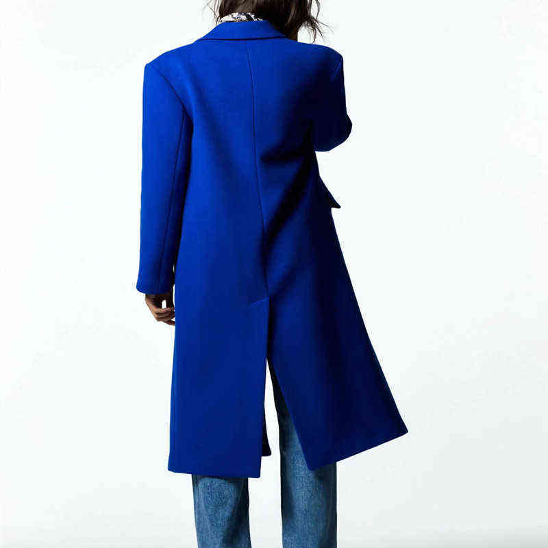 ZA Women's Blue Trend Woolen Coat Autumn/Winter Fashion High Street Double-Breasted Lapel Mid-Length Loose Jacket 211130