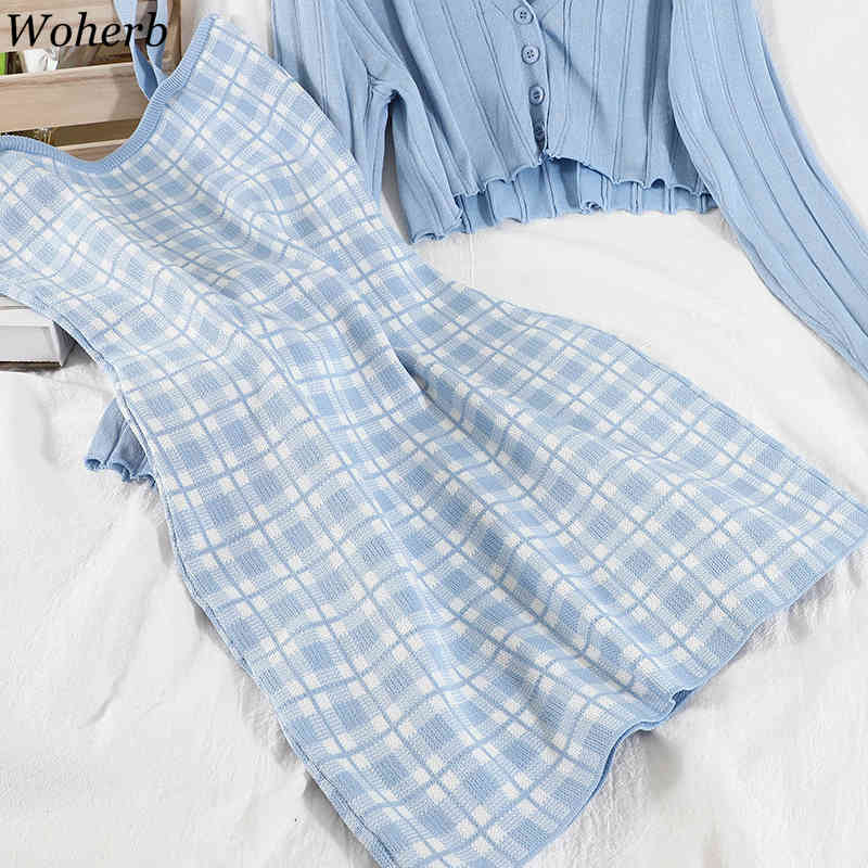 Suit Female Korean Fashion Cropped Cardigan Knitted Jacket Slim Sling Dresses Femme Roupas Chic Two Piece Sets Women 210519