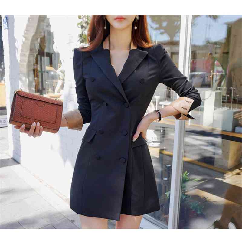 Elegant Women Office Work Blazer Dress Fashion Notched Long Sleeve double-breasted Vintage Business Bodycon Party Dresses 210519