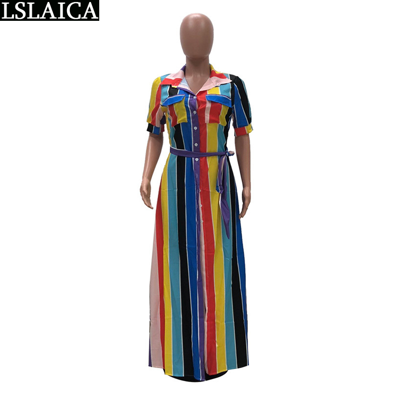 Africa Style Women's Shirt Dress Casual Colorful Print Stripes Floor-Length Fashion Deep V-Neck Hem Split Ladies es 210515