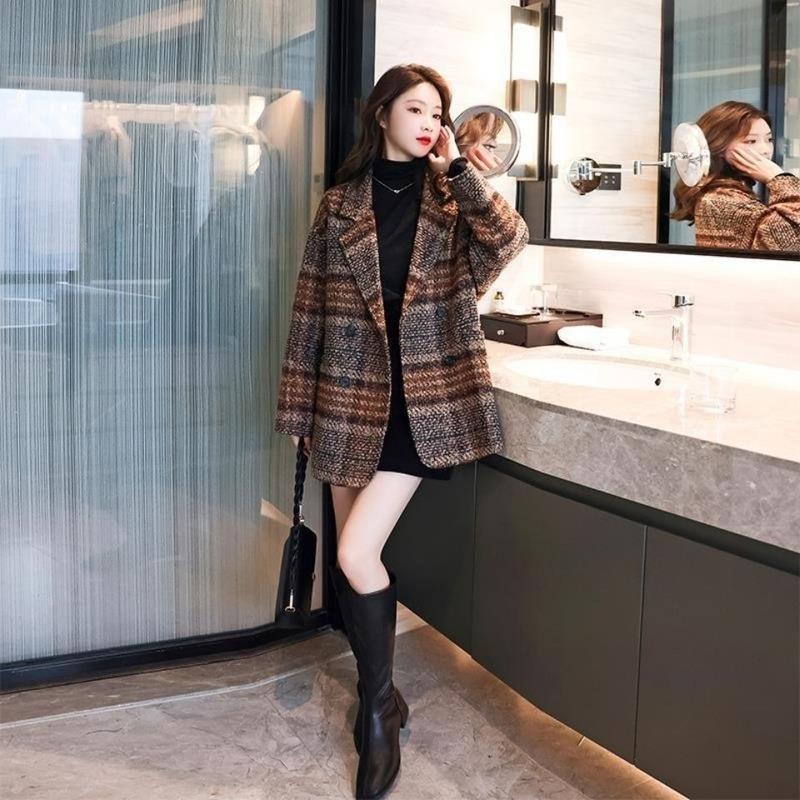Women' Wool & Blends Fashion Plaid Blend Coat Women 2022 Autumn Winter Warm Woolen Coats Korean Jacket Female Chic Overcoat X45