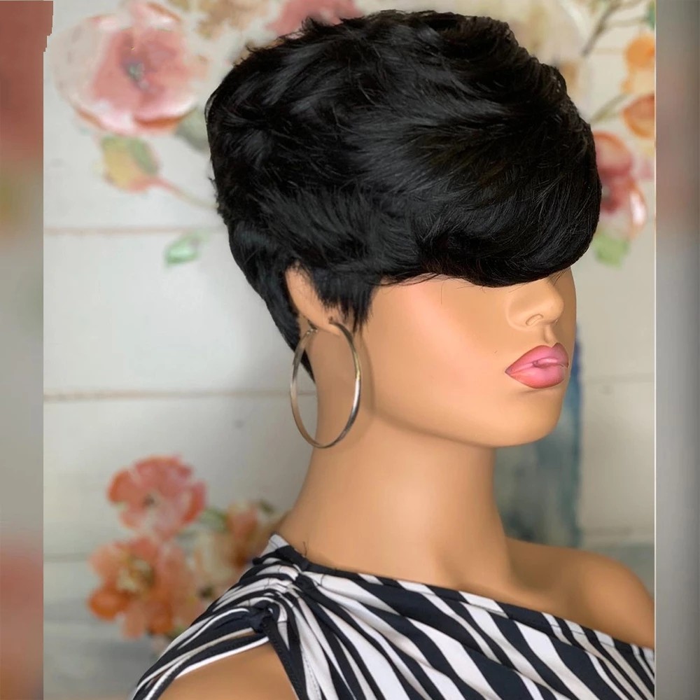 Short Straight Bob Pixie Cut Non Lace Front Human Hair Wigs With Bangs For Black Women Brazilian Wig